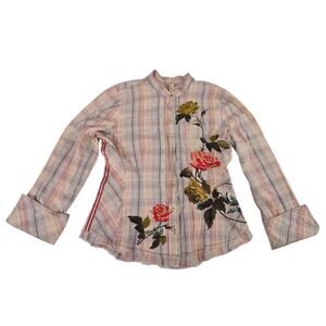 Embroidered Plaid Button-Front Women's Blouse - Pink